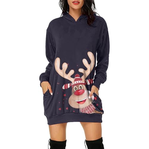 Pulloverkleid Damen Lang Casual Langarm Weihnachtspullover Sweatshirt mit Kapuze Taschen Lose Weihnachtskleid Mini Kleid Elegante Herbst Winter Baumwolle Oversized Weihnachtskleider Hoodie Kleid von Soupliebe