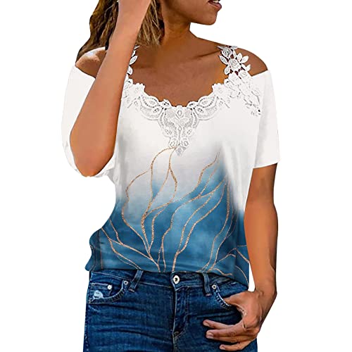 Shirt Damen T-Shirt Schulterfrei Bluse Tops Spitzen Shirt Oberteile Frauen Blumendruck Kleidung Frau Sommer Shirts Top Damen V-Ausschnitte Tshirt Casual Oversize Shirt Klamotten Teenager Mädchen von Soupliebe