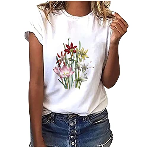 Sommer T-Shirt Damen Basic T Shirt Bedrucken Rundhalsausschnitt Weiß Oberteile Baumwolle Casual Damen Locker Kurzarm Bluse Tops Sportshirt von Soupliebe