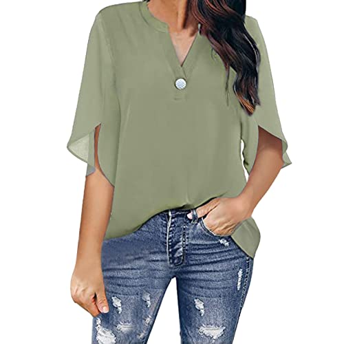 Soupliebe Damen Bluse Shirts V-Ausschnitt Halbarm Tunika Oberteile Doppellagiges Lässig Hemd Sommer Casual Locker Mit Flatterärmel Tops Elegant Einfarbig Chiffon T Shirt Sweatshirt Poloshirt von Soupliebe