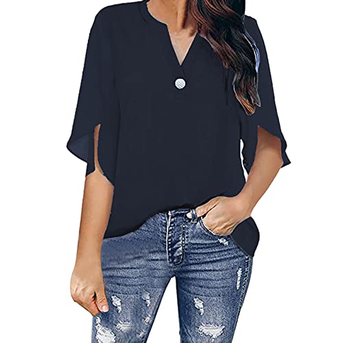 Soupliebe Damen Bluse Shirts V-Ausschnitt Halbarm Tunika Oberteile Doppellagiges Lässig Hemd Sommer Casual Locker Mit Flatterärmel Tops Elegant Einfarbig Chiffon T Shirt Sweatshirt Poloshirt von Soupliebe