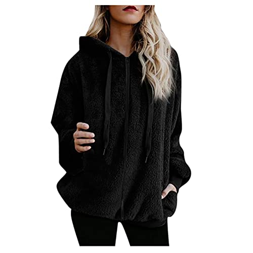 Soupliebe Damen Teddyjacke Fleecejacke Teddy-Fleece Mantel mit Kapuzen und Reißverschluss Teddy Hoodie Kapuzenjacke Damen Faux Fur Pelzmantel Fellmantel Wollmantel Sweatshirt Jacke von Soupliebe