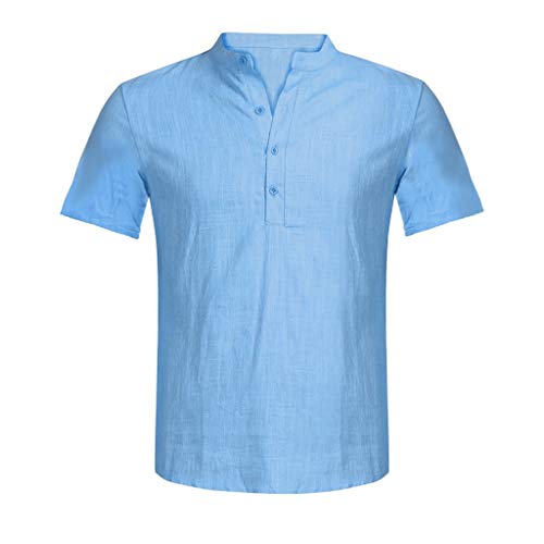 Soupliebe Hemden Herren Kurzarm Sommer Henley Shirt Classic Urlaub Freizeithemd Mit Knöpfe Vintage Männer Modern Leinenshirt Lässig Sommerhemd Kurzarmhemd T Shirts Men Shirts, Blau, XXL von Soupliebe