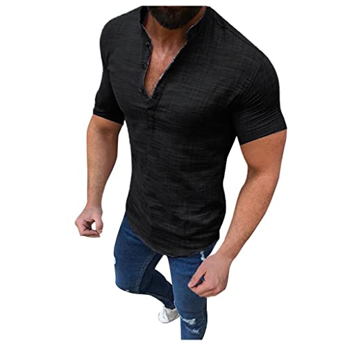 Soupliebe Hemden Herren Kurzarm Sommer Henley Shirt Classic Urlaub Freizeithemd Mit Knöpfe Vintage Männer Modern Leinenshirt Lässig Sommerhemd Kurzarmhemd T Shirts Men Shirts, Schwarz, XL von Soupliebe