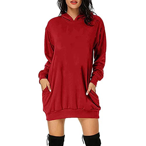 Soupliebe Hoodie Damen Lang Casual Langarm PulloverKleid Sweatshirt mit Kapuze Taschen Lose Kapuzenpullover Einfarbig Kleid Elegante Herbst Winter Baumwolle Oversized Pulloverkleider von Soupliebe