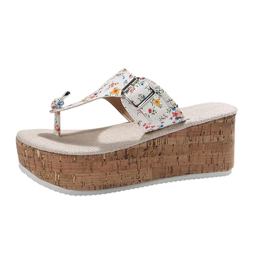 Soupliebe Pantoletten Damen Sommer Platform Plateau Sandalen - Slide Flache Sommerschuhe Lässige Hausschuhe Mules Blumen Slipper Schlappen Strand Clogs Kork Slides Weiß von Soupliebe