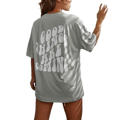 T-Shirt Damen Kurzarm Sport Sommer Oberteile Oversize Tshirt mit Buchstaben Muster Sweatshirt Lose Rundhals Rückendruck Bluse Teenager Mädchen Tunika Lang Top Sportshirt 0 von Soupliebe