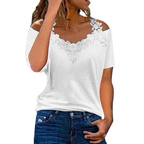 Soupliebe T Shirt Damen Sommer Kurzarm Schulterfreies V-Ausschnitt Shirt Spitzenbesatz Tunika Oberteile Bluse Sexy Mode Schnürung T-Shirt Einfarbig Elegant Tops 2023 von Soupliebe