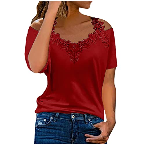 Soupliebe Tunika Damen Sommer Kurzarm Tshirt Schulterfreies V-Ausschnitt Shirt Spitzenbesatz Oberteile Bluse Sexy Mode Schnürung T-Shirt Einfarbig Elegant Tops 2023 von Soupliebe