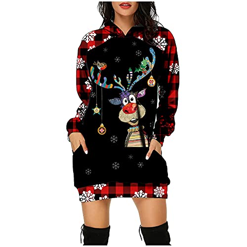 Weihnachtskleid Damen,Merry Christmas Hoodie Kleid Damen Weihnachtspullover Weihnachtskleider Hoodie Weihnachtspullover Rentier Print Kapuzenpullover Kleid Langes Weihnachts Pulli Weinachtspullie von Soupliebe