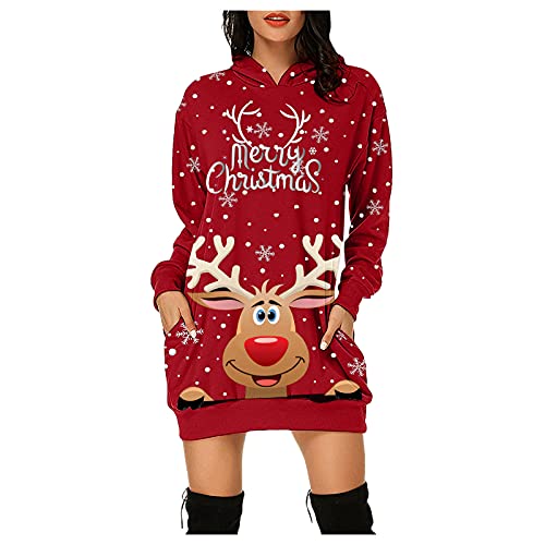 Weihnachtskleid Damen,Merry Christmas Hoodie Kleid Damen Weihnachtspullover Weihnachtskleider Hoodie Weihnachtspullover Rentier Print Kapuzenpullover Kleid Langes Weihnachts Pulli Weinachtspullie von Soupliebe