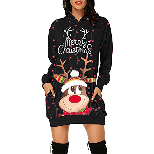 Weihnachtskleid Damen,Merry Christmas Hoodie Kleid Damen Weihnachtspullover Weihnachtskleider Hoodie Weihnachtspullover Rentier Print Kapuzenpullover Kleid Langes Weihnachts Pulli Weinachtspullie von Soupliebe