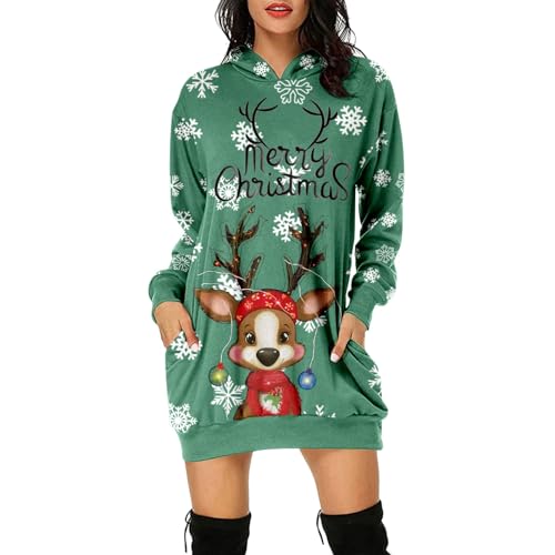 Weihnachtskleid Damen,Merry Christmas Hoodie Kleid Damen Weihnachtspullover Weihnachtskleider Hoodie Weihnachtspullover Rentier Print Kapuzenpullover Kleid Langes Weihnachts Pulli Weinachtspullie von Soupliebe