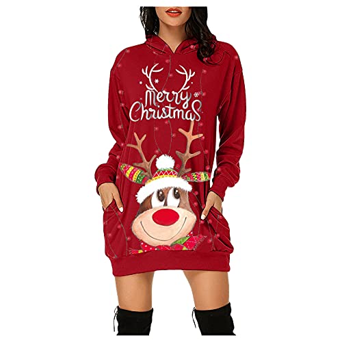 Weihnachtskleid Damen,Merry Christmas Hoodie Kleid Damen Weihnachtspullover Weihnachtskleider Hoodie Weihnachtspullover Rentier Print Kapuzenpullover Kleid Langes Weihnachts Pulli Weinachtspullie von Soupliebe