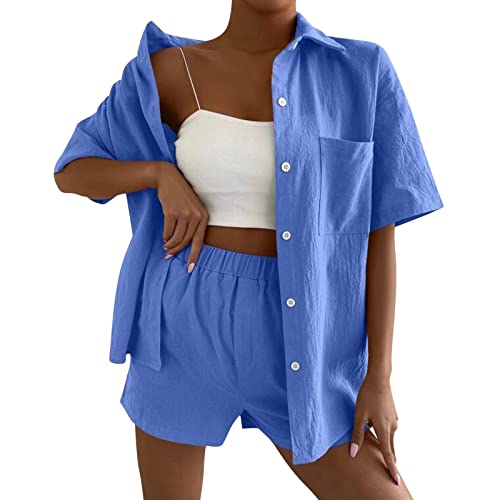 Zweiteiler Damen Sommer Outfits, Musselin Set Damen Musselin Blusen Und Hose, 2 Teiler Damen Anzug, Zweiteiler Für Damen Oversize Tracksuit Set, Musselin Blusen Shirt Und High Waist Shorts von Soupliebe