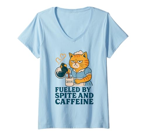 Damen Fueled by Spite and Coffein Angry Cat Design T-Shirt mit V-Ausschnitt Damen Fueled by Spite and Coffein Angry Cat Design T-Shirt mit V-Ausschnitt von Sour Beans Coffee Club