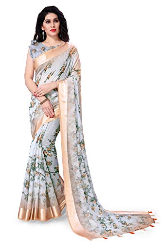 Sourbh Damen-Saree-Bluse, Polyester-Baumwollmischgewebe, bedruckt mit Blumen-Muster, Grau, Beige, Einheitsgröße von SOURBH