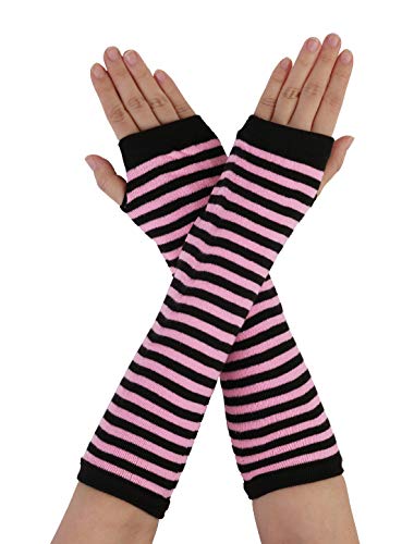 sourcing map Damen Winterwärmer Fingerlose Daumenloch Elastische Lange Gestrickte Party Kostüm Handschuhe Schwarz mit Pink One Size von uxcell