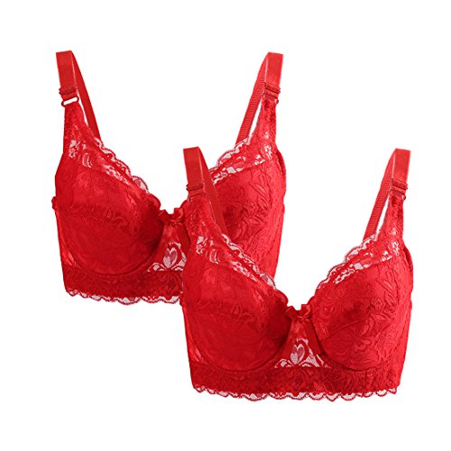 sourcing map Damen Plus Size Blumen Spitze Vollabdeckung Verstellbar Formbügel Bügel BH Rot-2 Pcs 44/100 Fit 42B/C von uxcell