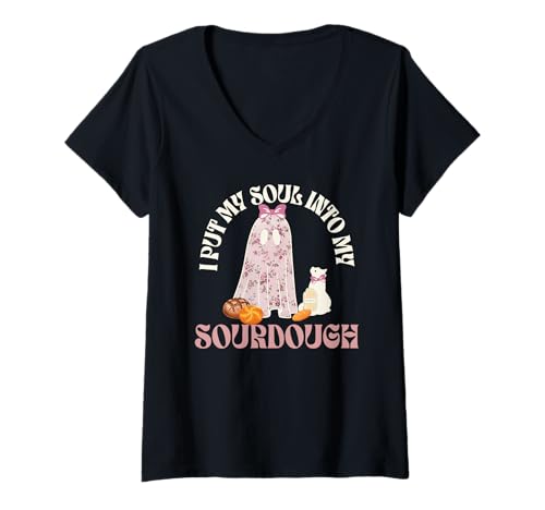 Damen Cute Ghost Bread Era Ich stecke Meine Seele in Meinen Sauerteig-Starter T-Shirt mit V-Ausschnitt Damen Cute Ghost Bread Era Ich stecke Meine Seele in Meinen Sauerteig-Starter T-Shirt mit V-Ausschnitt von Sourdough Ghost Shirts by Southerngal