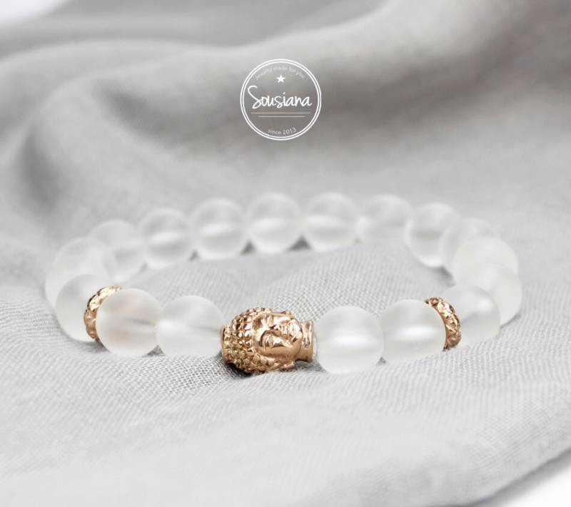 Armband Bergkristall Matt Edelsteine Rosegold Buddha Edelstahl Stretcharmband von Sousiana