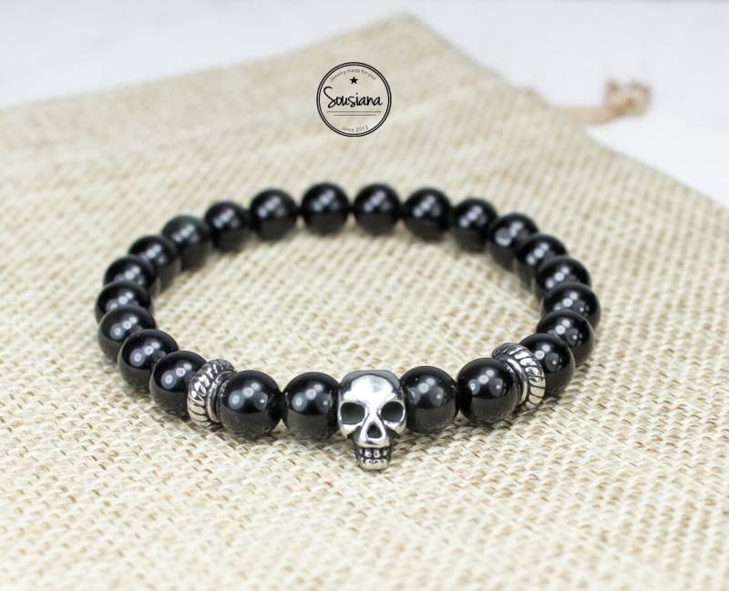 Armband Edelstein Herren Black Obsidian Männer Totenkopf Edelstahl Skull von Sousiana