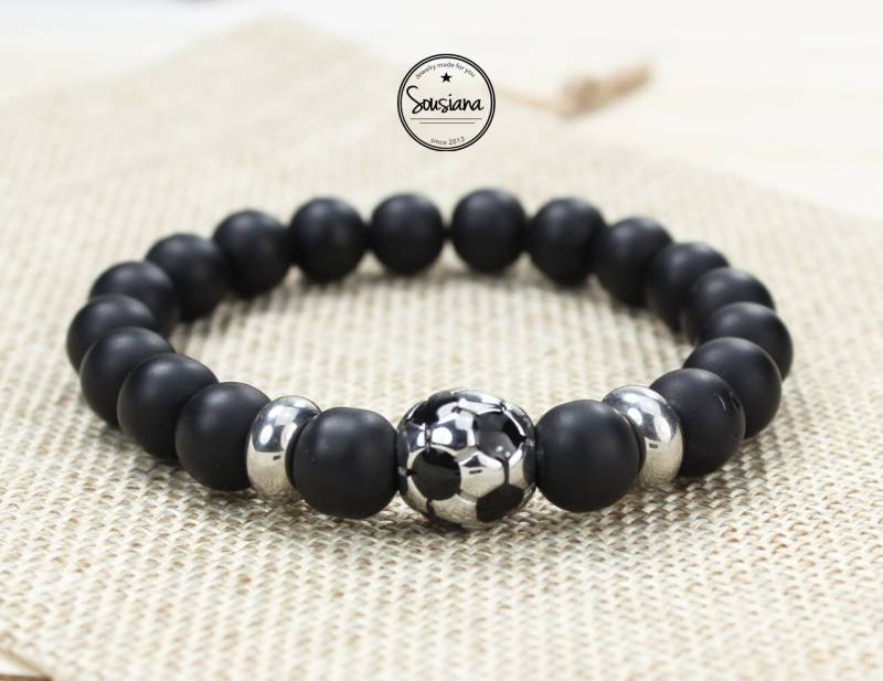 Armband Edelstein Herren Black Onyx Matt Männer Fußball Edelstahl von Sousiana