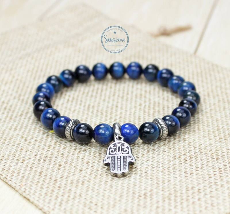 Armband Edelstein Herren Blaues Tigerauge Männer Hamsahand Edelstahl von Sousiana