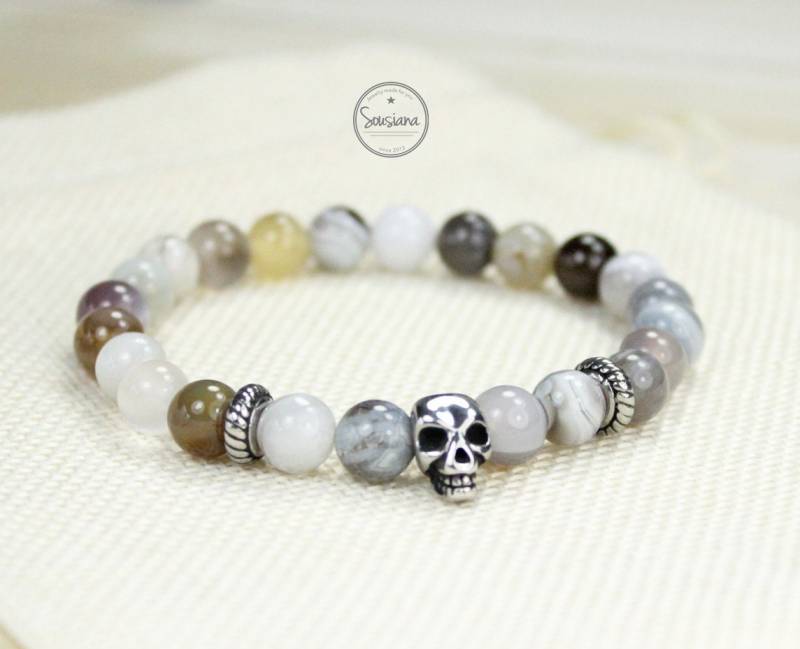 Armband Edelstein Herren Botswana Achat Grau Männer Totenkopf Edelstahl Skull von Sousiana