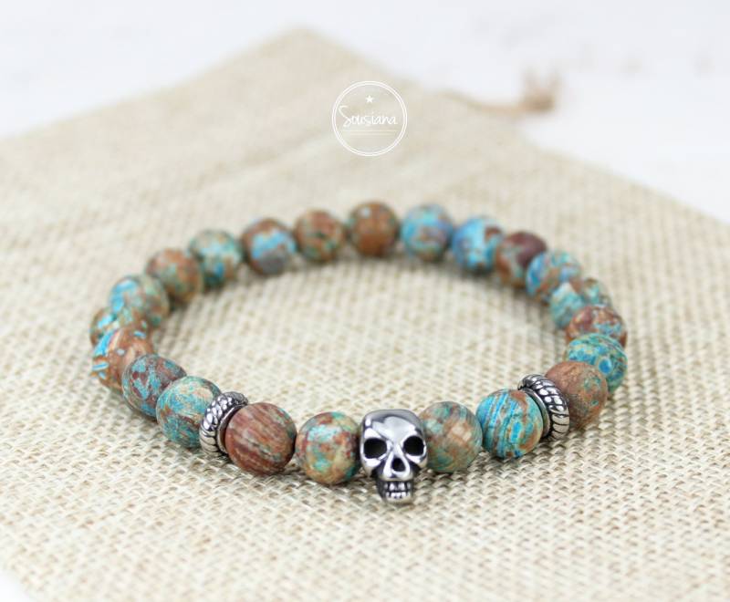 Armband Edelstein Herren Herbstjaspis Matt Männer Totenkopf Edelstahl Skull von Sousiana