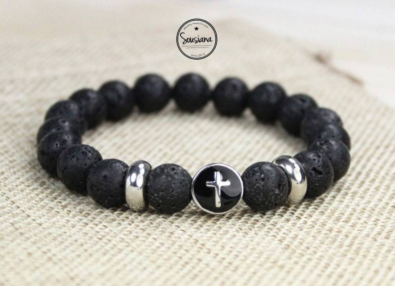 Armband Edelstein Herren Lava Männer Kreuz Edelstahl Edelsteinarmband Schwarz von Sousiana
