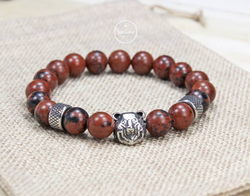 Armband Edelstein Herren Mahogany Obsidian Bär Edelstahl von Sousiana