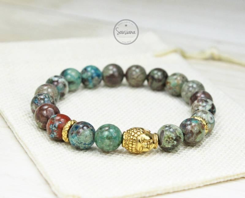 Armband Edelstein Herren Ocean Jasper Meerblau Männer Buddha Edelstahl Altgold Edelsteinarmband Damen von Sousiana