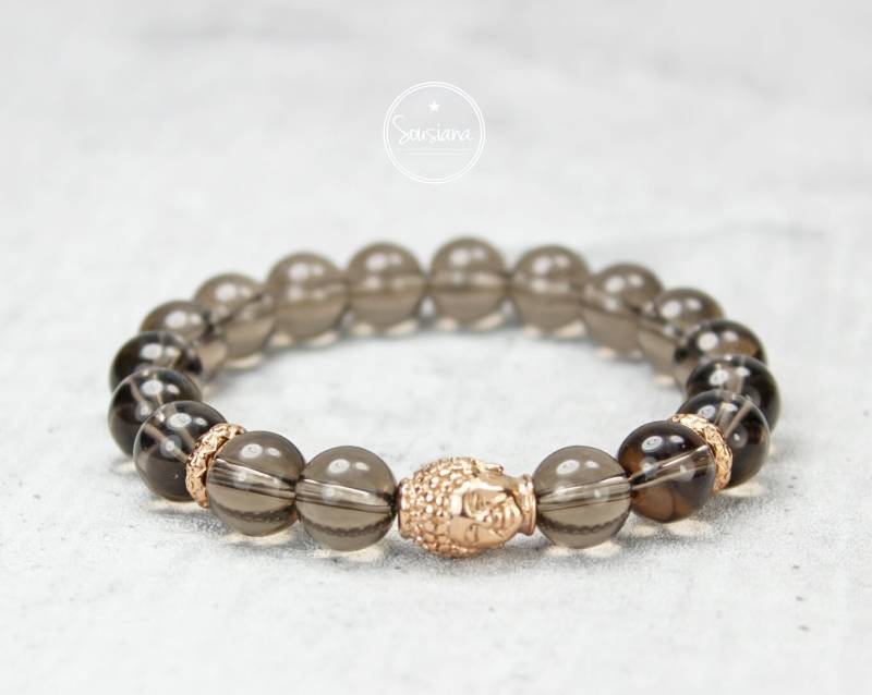 Armband Rauchquarz Edelsteine Rosegold Buddha Edelstahl Stretcharmband von Sousiana
