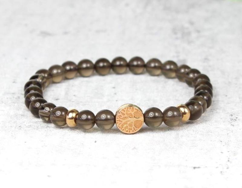 Armband Rauchquarz Edelsteine Rosegold Lebensbaum Stretcharmband von Sousiana