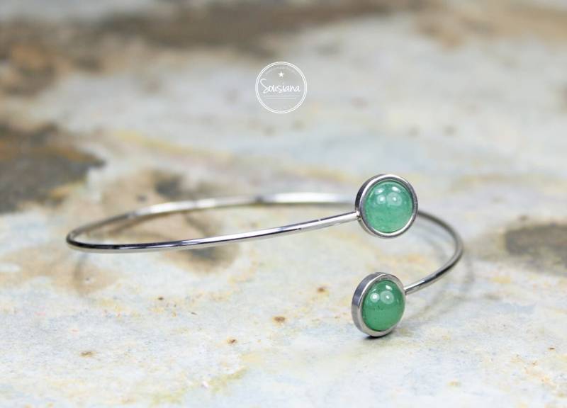 Armreif Aventurin Silber Edelstein Armspange Edelstahl Minimalistisch Filigran von Sousiana