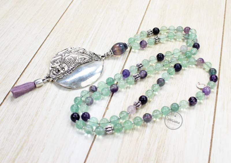 Bettelkette Edelstein Y-Kette Buddhakette Fluorit Antiksilber Quaste von Sousiana