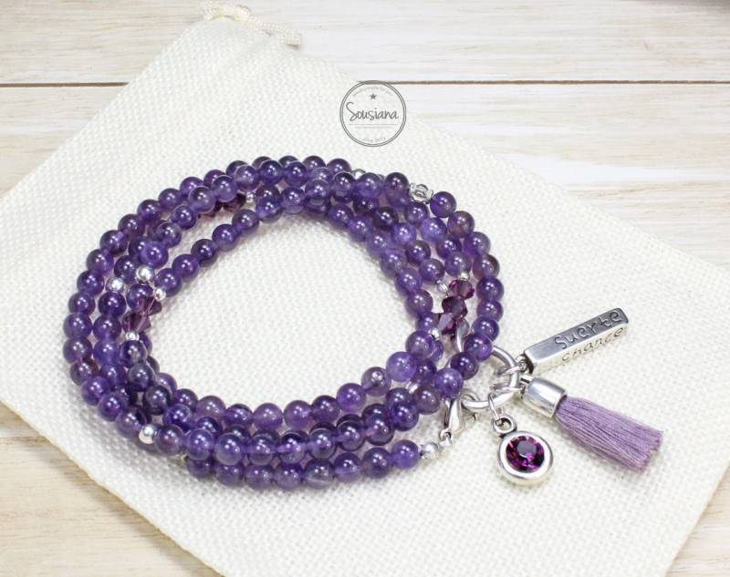 Bettelkette Edelsteine Amethyst Antiksilber Lange Edelsteinkette Lila von Sousiana