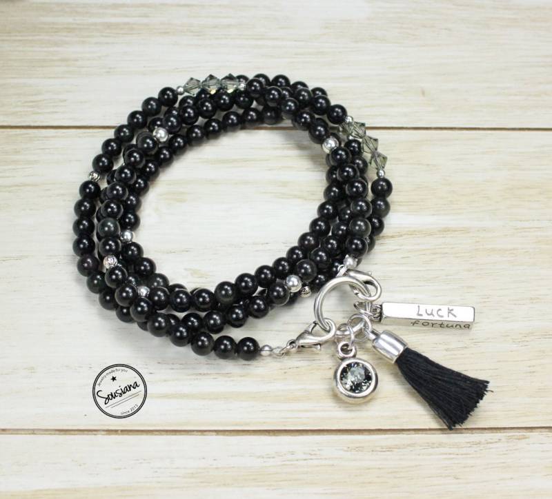 Bettelkette Edelsteine Black Obsidian Antiksilber Lange Edelsteinkette Schwarz von Sousiana