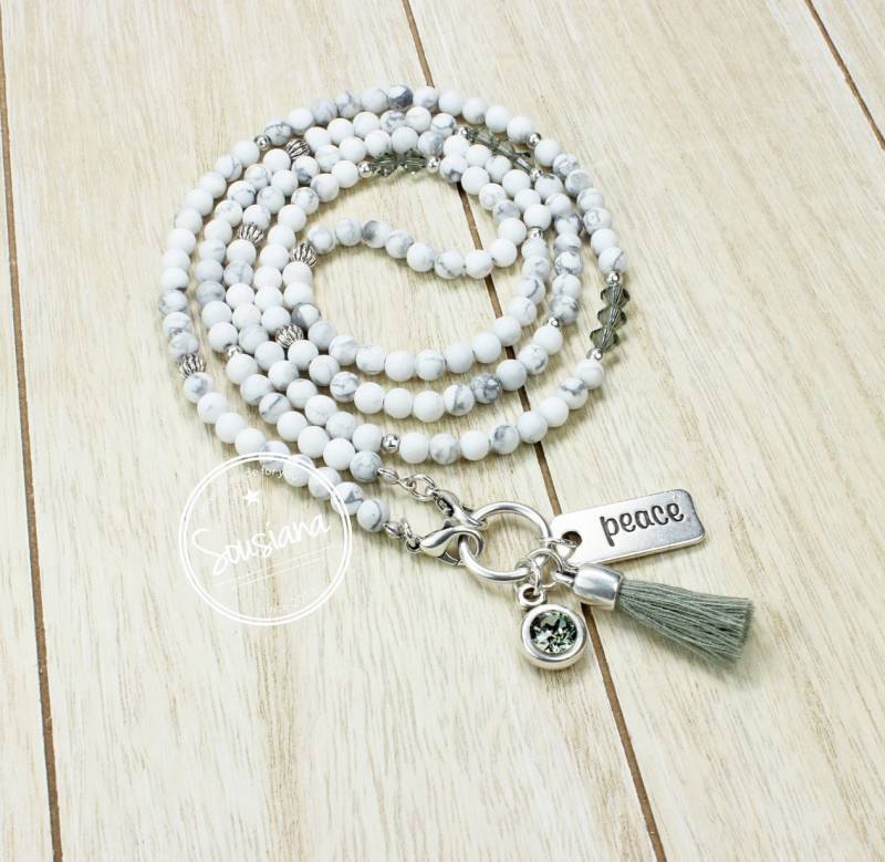 Bettelkette Edelsteine Howlith Grau Weiß Antiksilber Lange Edelsteinkette von Sousiana