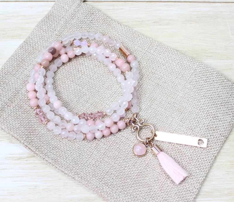 Bettelkette Edelsteine Pink Opal Rosenquarz Lange Kette Y-Kette Rosegold von Sousiana