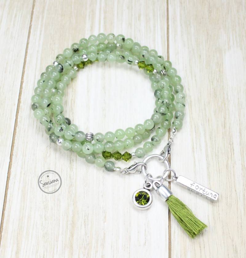 Bettelkette Edelsteine Prehnit Olivgrün Antiksilber Lange Edelsteinkette von Sousiana