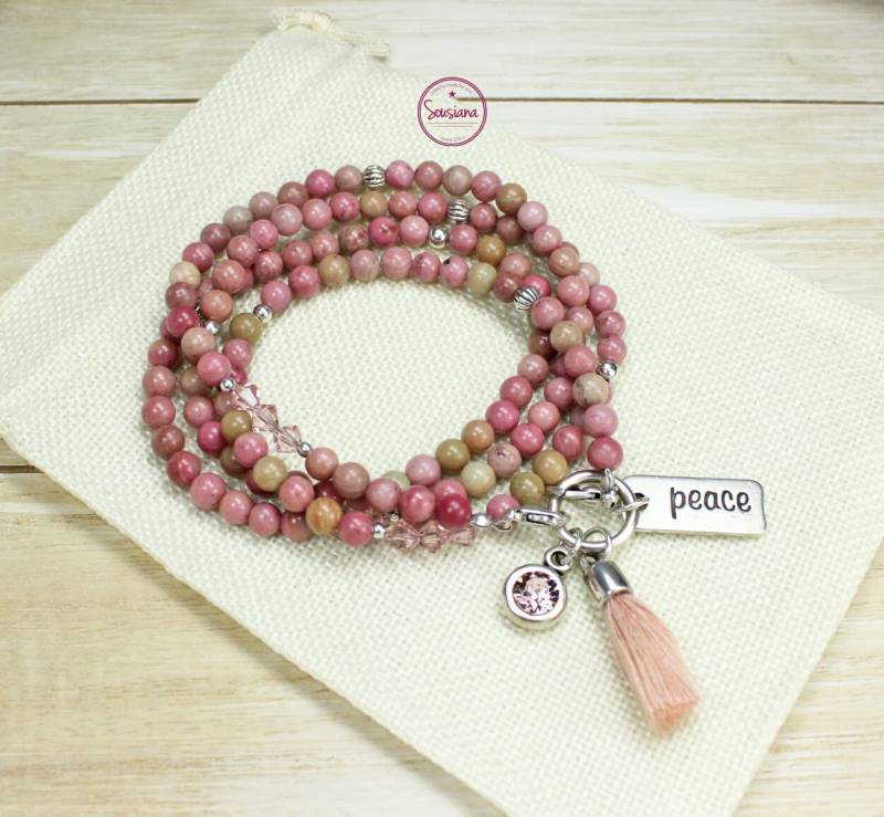 Bettelkette Edelsteine Rhodonit Altrose Antiksilber Lange Edelsteinkette von Sousiana