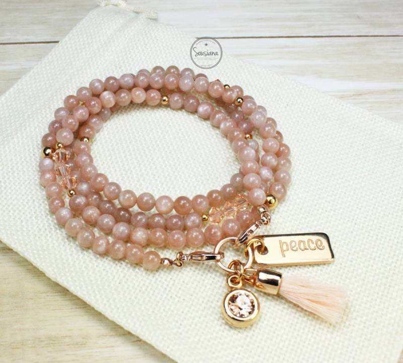 Bettelkette Edelsteine Sonnenstein Rosegold Lange Edelsteinkette von Sousiana