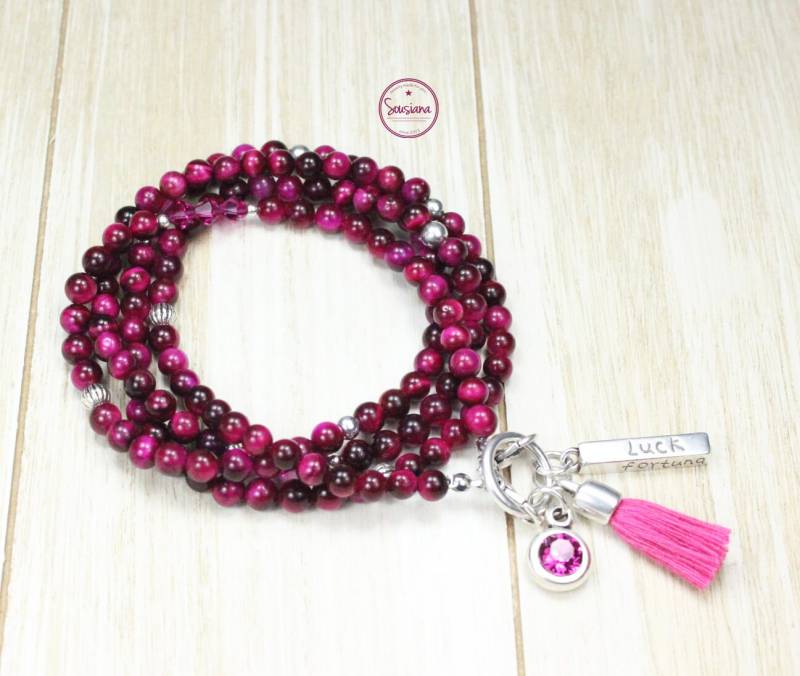 Bettelkette Edelsteine Tigerauge Pink Antiksilber Lange Edelsteinkette Fuchsia von Sousiana