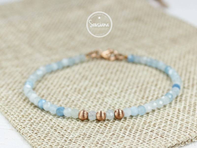 Edelsteinarmband Aquamarine 925 Sterling Silber Rosegold Minimalistisch von Sousiana