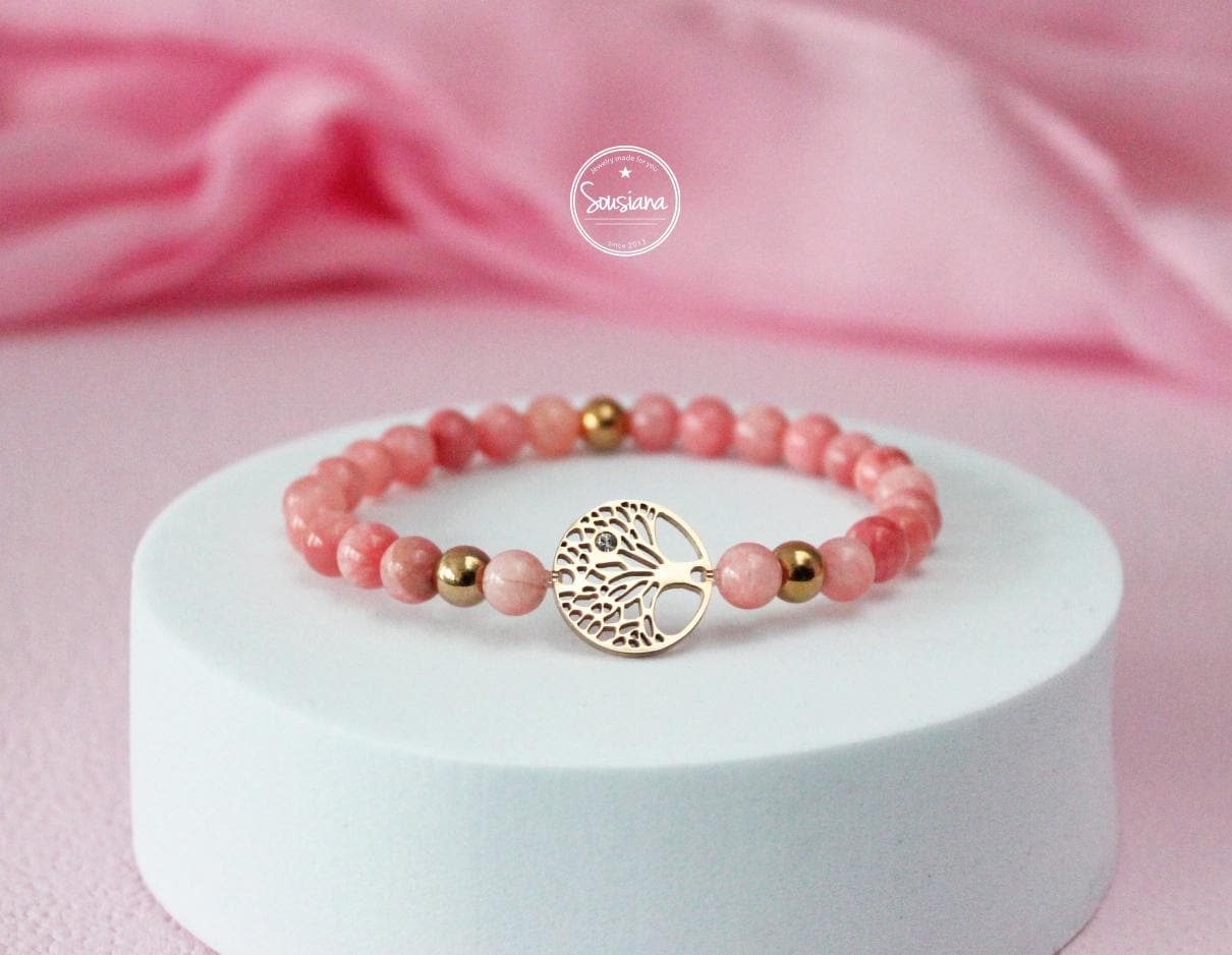 Edelsteinarmband Rhodochrosit Lebensbaum Zirkonia Edelstahl Roségold von Sousiana