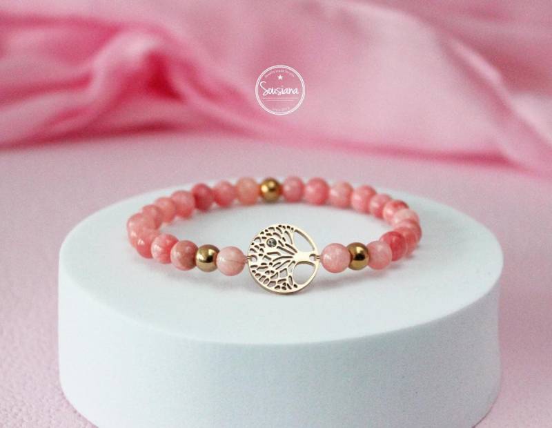 Edelsteinarmband Rhodochrosit Lebensbaum Zirkonia Edelstahl Roségold von Sousiana