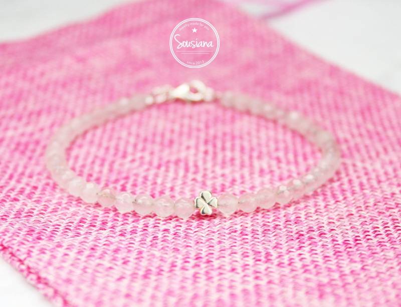 Edelsteinarmband Rosenquarz 925 Sterling Silber Kleeblatt Minimalistisch Glücksarmband von Sousiana
