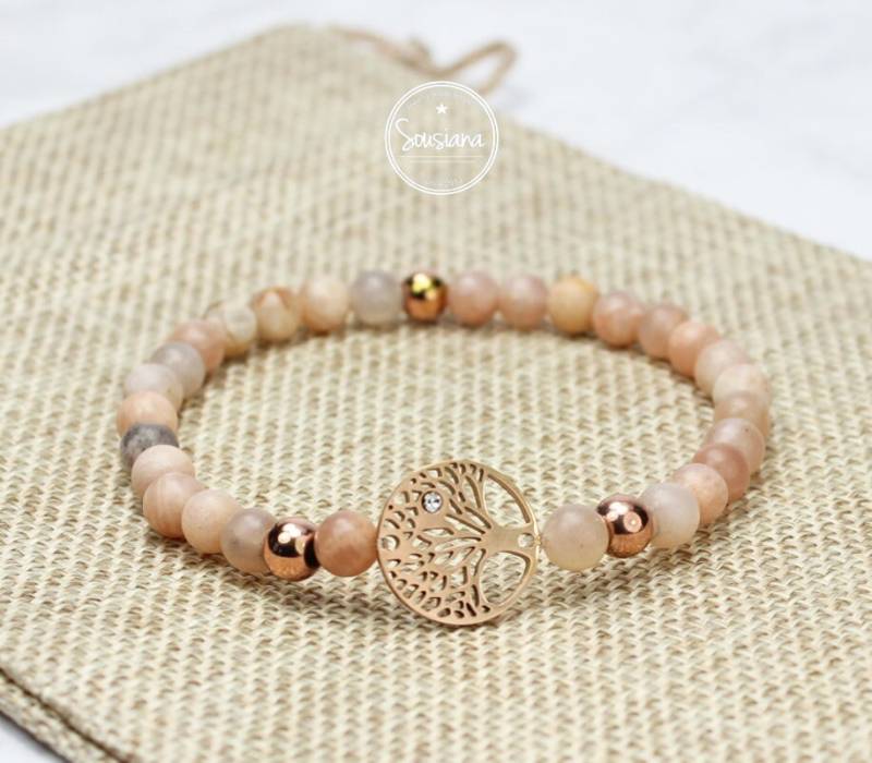 Edelsteinarmband Sonnenstein Lebensbaum Zirkonia Edelstahl Roségold von Sousiana